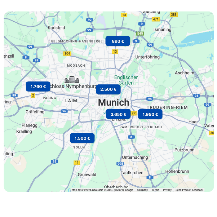 Mietpreise Karte München - Preisübersicht verschiedener Stadtteile